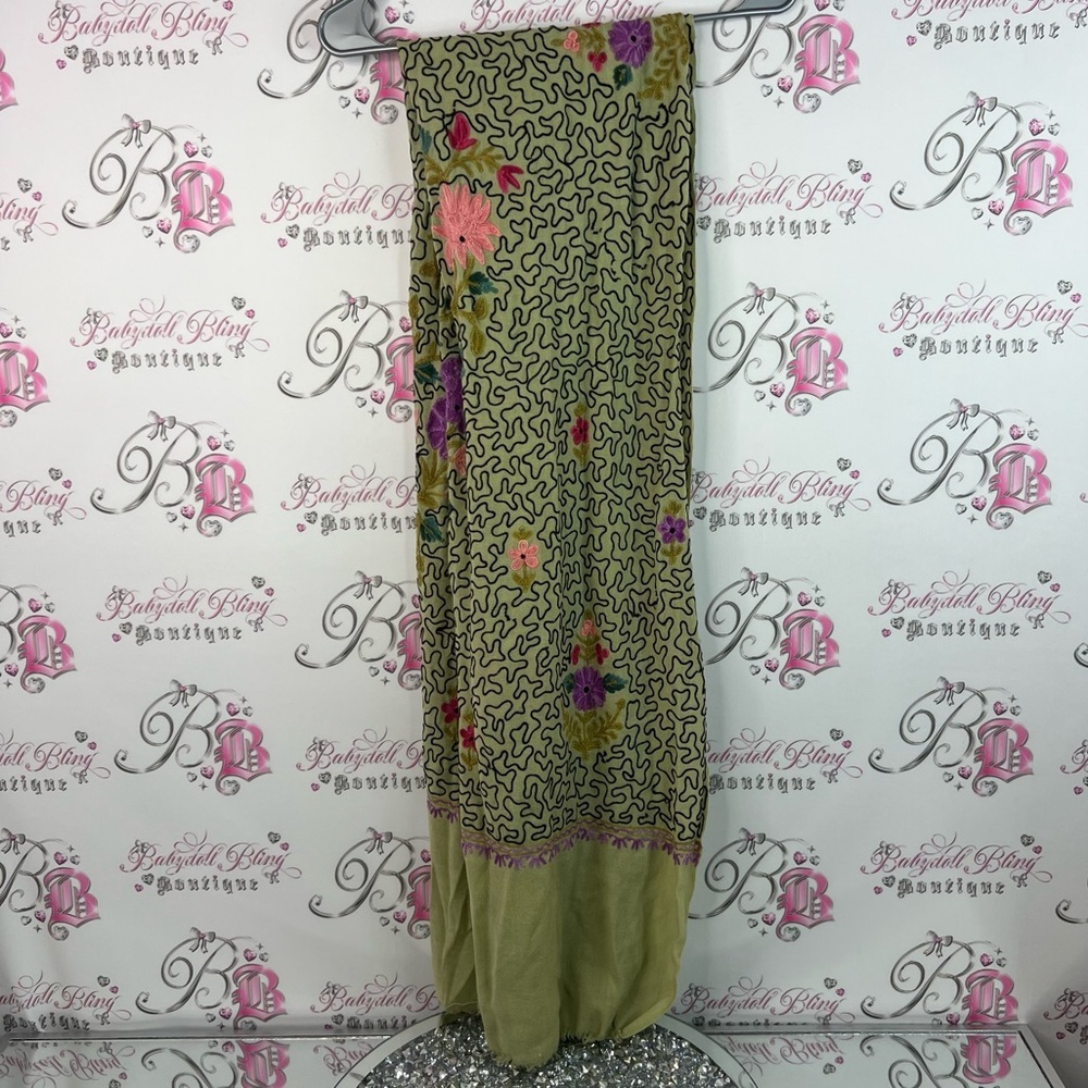Scarf wrap dress or skirt embroidered flowers Floral Green and Pink Scarf shawl